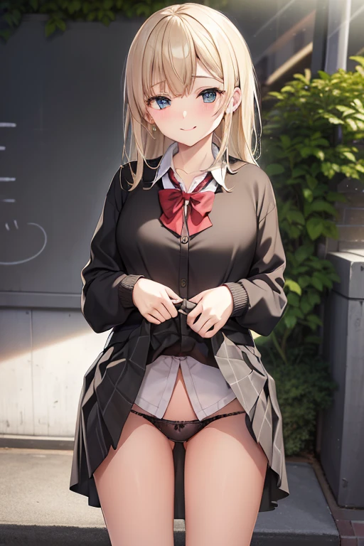 Take off your uniform, Bow, Red bow, Long sleeves, Shirt, Collared shirt, White shirt, Skirt, Pleated skirt, Black skirt, tiny chest、looking at the viewers, BREAK (masutepiece:1.2), Best Quality, High resolution, Unity 8k壁纸, (Illustration:0.8), (Beautiful detailed eyes:1.6), extra detailed face, Perfect Lighting, extremely details CG, (Perfect hands, Perfect Anatomy),A smile、(Skirt lift:1.3), (white  panties:1.3)、(Skirt that rolls up:1.3)、(Fully exposed panties:1.5)、outside of house、plein air、