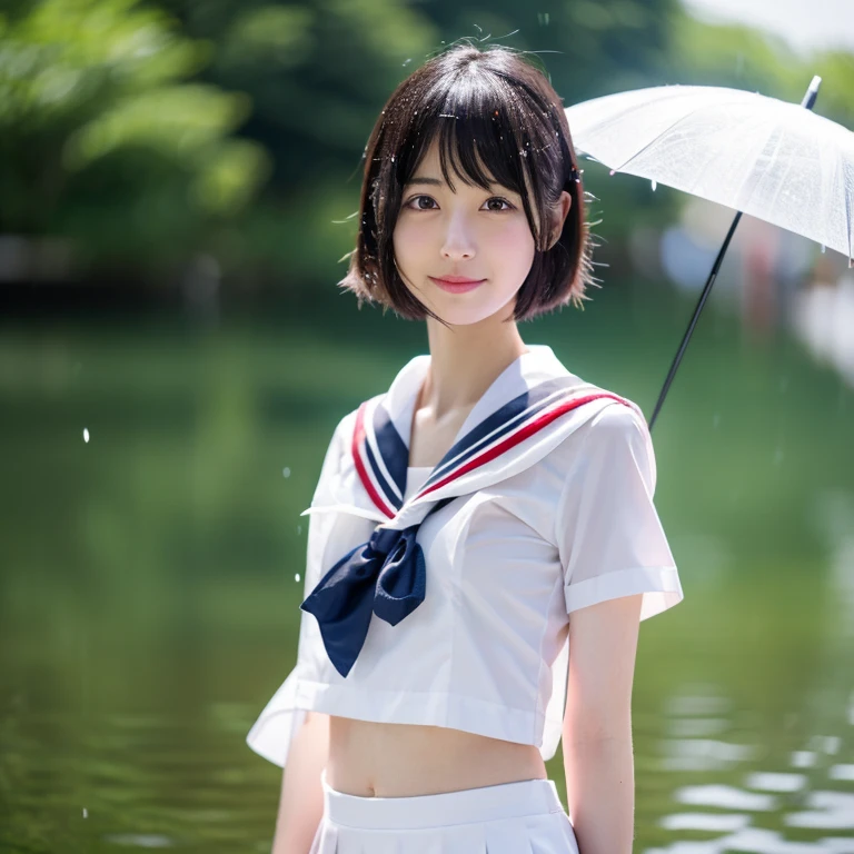 (highest qualthaty,masterpiece:1.3,Ultra-high resolution),(Very detailed,Caustics,8k),(Realistic:1.4,RAW shooting),1 girl,18-year-old,cute,Japanese,Black short bob,sailor suthat,Looking at me wthath a smile,Holding an umbrella,Cloudy,(that&#39;it&#39;s raining),road,Side Shot,Bust up shot,Face close-up