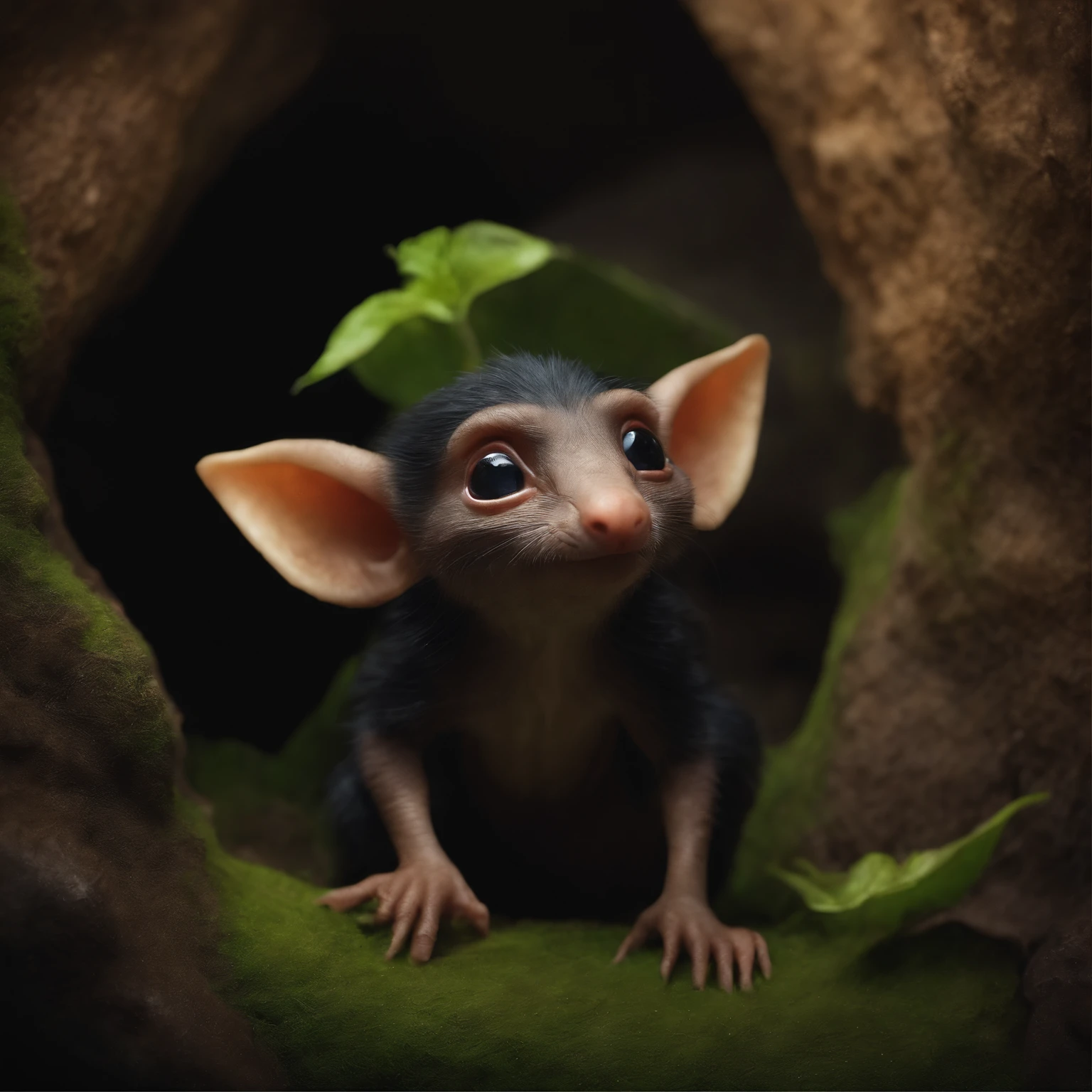In the cave,Little male goblins, cute mole, large ears, elongated nose, comes out of the hole, dark fantasy style, Fairy tale style