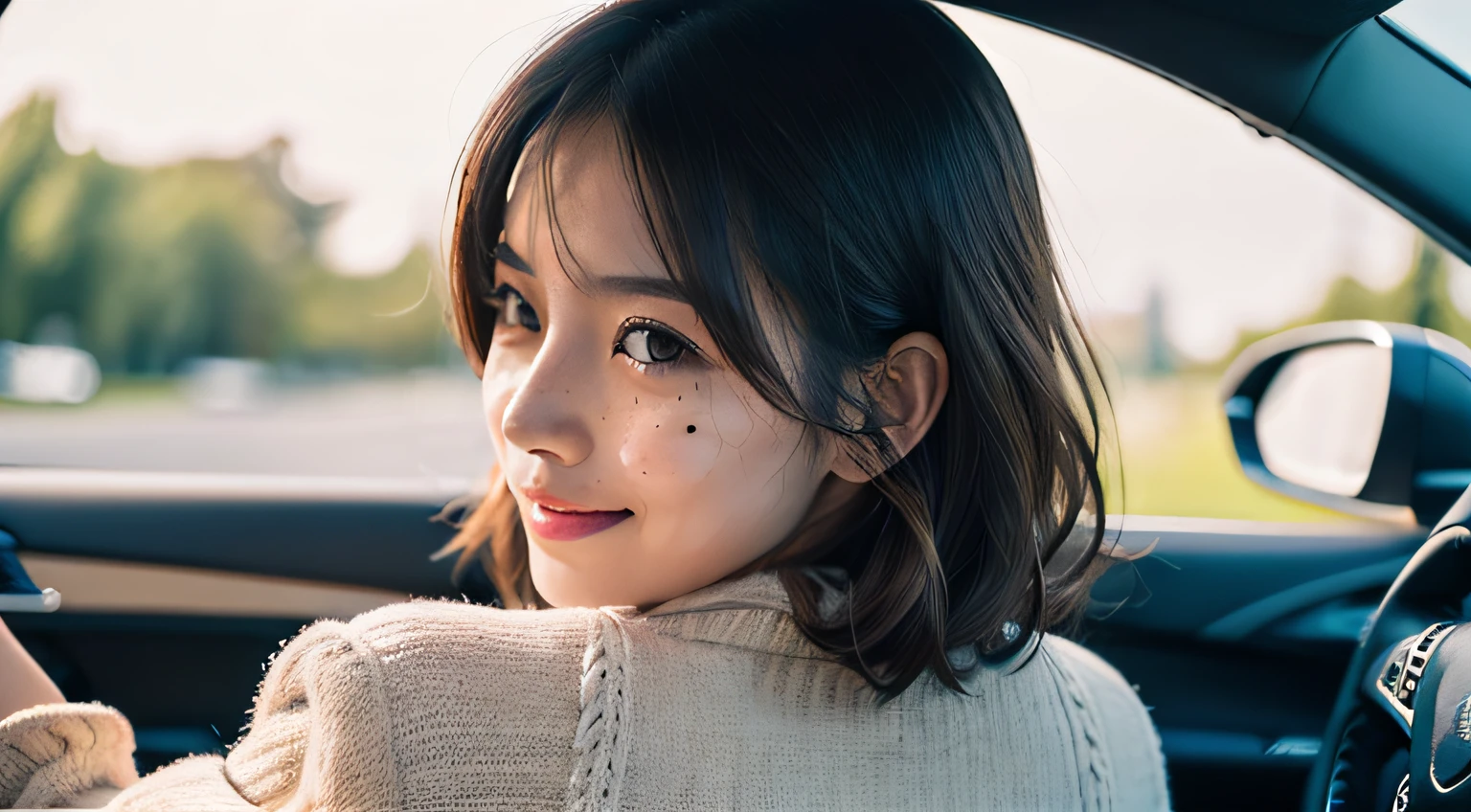 masterpiece, Best Quality, Ultra-detailed, film photography, Extremely delicate and beautiful ,hight resolution, 1 girl in, 25-years old, Beautiful girl in Japan, open roof convertible、girl on a date,Sit in the passenger seat、Viewers watching from outside the car、((Look away)), japanes, The upper part of the body, Peacoat, Blue sweater, Long flared skirt,great joy、A smile, ((Plump lips),(have a little freckles、Natural Skin), (Wavy Hair),(Short hair), (Back lighting),((I have one small mole under my eye)), (Detailed eyes),(detailed facial features), (detailed arms),(Detailed fingers),(Detailed feet),eyes focus,softfocus