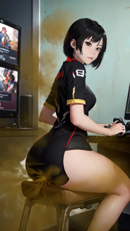 sharp focus,
store, solo, seductive eyes, blue eyes, , seductive pose, , people in the background, standing, standing in line to the cash register, talking to a cashier, store cashier, leaning forward, ass focus, asshole focus, 1girl, mavis(hotel transylvania), black hair, pale skin, goth, black dress, mini dress, skin tight, ((looking ahead)), not wearing underwear, from behind, from below, shaved pussy, small pussy, visible asshole, butthole, la