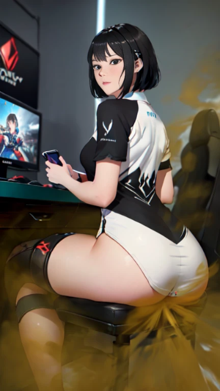((velocity)),Attacked by farts, (((Women farting))),(girl farting while seat on seat and playing game on smartphone)),frowned,sharp eyes,blushing,velocity,(a female pro player), (wearing a e-sport jersey and tight dress),(tighhighs),(sit facing the screen),(her buttt facing the screen) (short hair black hair),(Asian woman),(gaming tournament),(masterpiece:1.2、top-quality)、(the Extremely Detailed CG Unity 8K Wallpapers、ultra-detailliert、Best Shadows)、(细致背景)、(The best lighting、extremely delicate and beautiful)、depth of fields、1girl in、report、upward looking gaze、