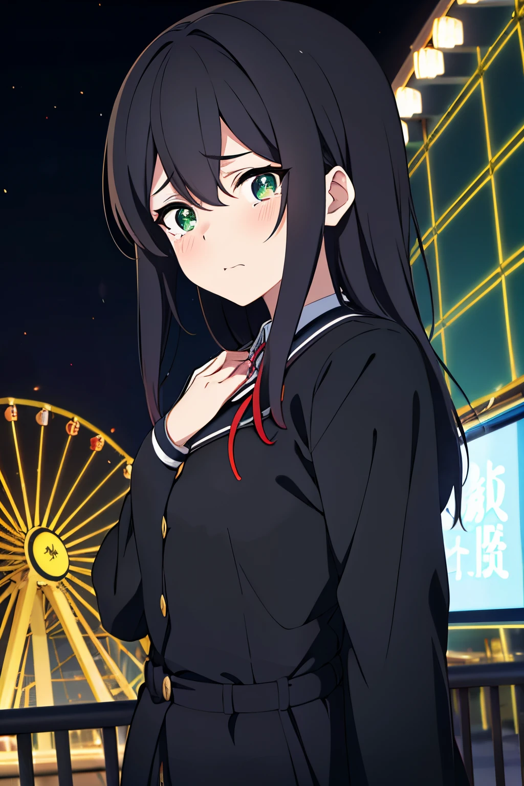 (masterpiece), best quality, perfect face, high quality, perfect anatomy, in the style of Chi no Wadachi, manga style, a woman, 18 years old, wearing a school uniform, crying, distraught face, surrounded by darkness, black hair, ((wide shot)), ((centered)), (distanced), ((in the distance surrounded by darkness)), (upward head tilt), looking at viewer, expressive eyes, Ferris wheel in background, green eyes, , (perfect hand), tears welling in eyes:0.9,