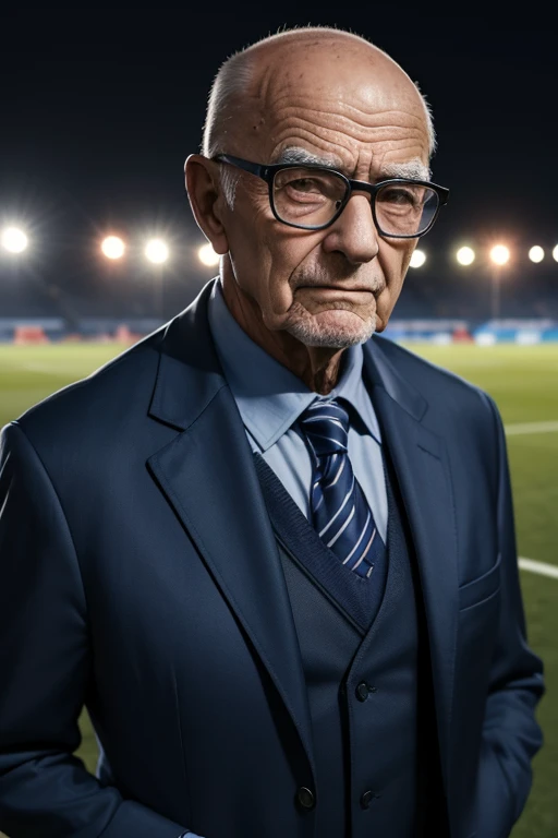 Elderly, old, bald man, wearing a dark blue suit and glasses, standing in the middle of a soccer stadium, evening, autumn, vibrant colors, detailed portrait of man facing camera, Futebol Clube do Porto, High Resolution.
