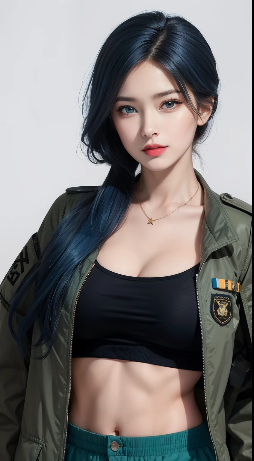 (Aesthetic, Hi-Res: 1.2), tmasterpiece, Best quality at best, A high resolution, 1girll, Leona Hydorn, Blue hair, eBlue eyes, pony tails, green shorts, cleavage,hason, Crop top, Black gloves, nedium breasts, army suit, Green jacket, 耳Nipple Ring, jewelry, nabel, musculature, cow boy shot.