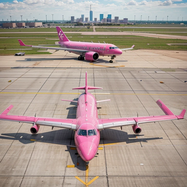 Gag City Airlines plane, the plane is large and bright pink. The plane sits in the runway as the city of Dallas Texas is in the background preparing to take flight