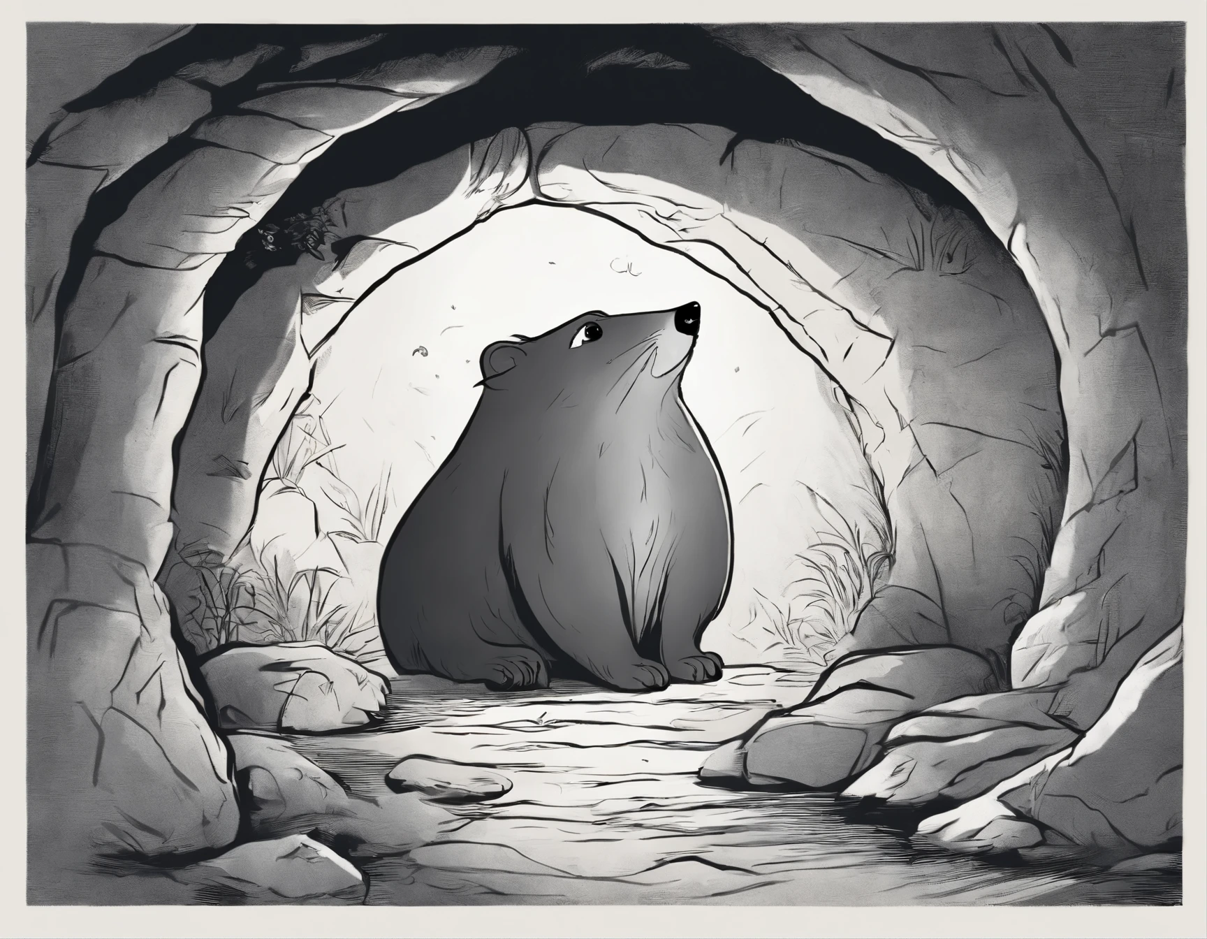 In the cave,Little cute mole, large ears, elongated nose, silver wool, comes out of the hole, dark fantasy style, Fairytale style, cartoonish style, hobbit style, John Tolkien style,