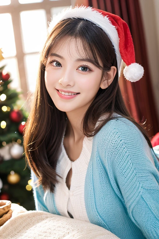 Beautiful woman with good eyes and nose、Beautiful as a model、Cute like a model、Eyes are double、How to use regular mascara、Eye color blue、Hair color pink、Her face is delicate and elegant.、imagem 4k、Beautiful style like a model、Ordinary large、A refreshing and lovely smile、Young woman wearing a Santa costume while decorating a Christmas tree with lights in a bright room on Christmas day.、Pose like a model、Overall portrait、Snapshots、Gramaloid Smile、Beautiful and delicate face like a model、Best Quality、masuter piece、