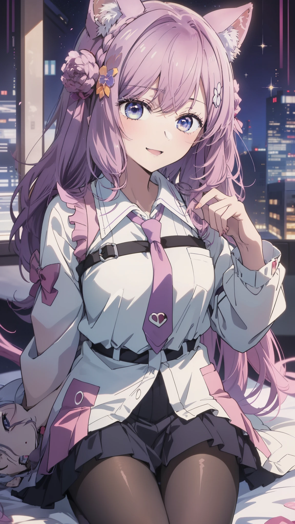 masterpiece,top-quality,Hi-Res,Pink tie,tights,hair adornments,Lilac eyes,Twin-tailed,A smile、Open your mouth、(Koyorin Hiroi#39;s eyes)、(((a closeup)))、research institute、Shining eyes、(((anime styled)))、(((2D)))