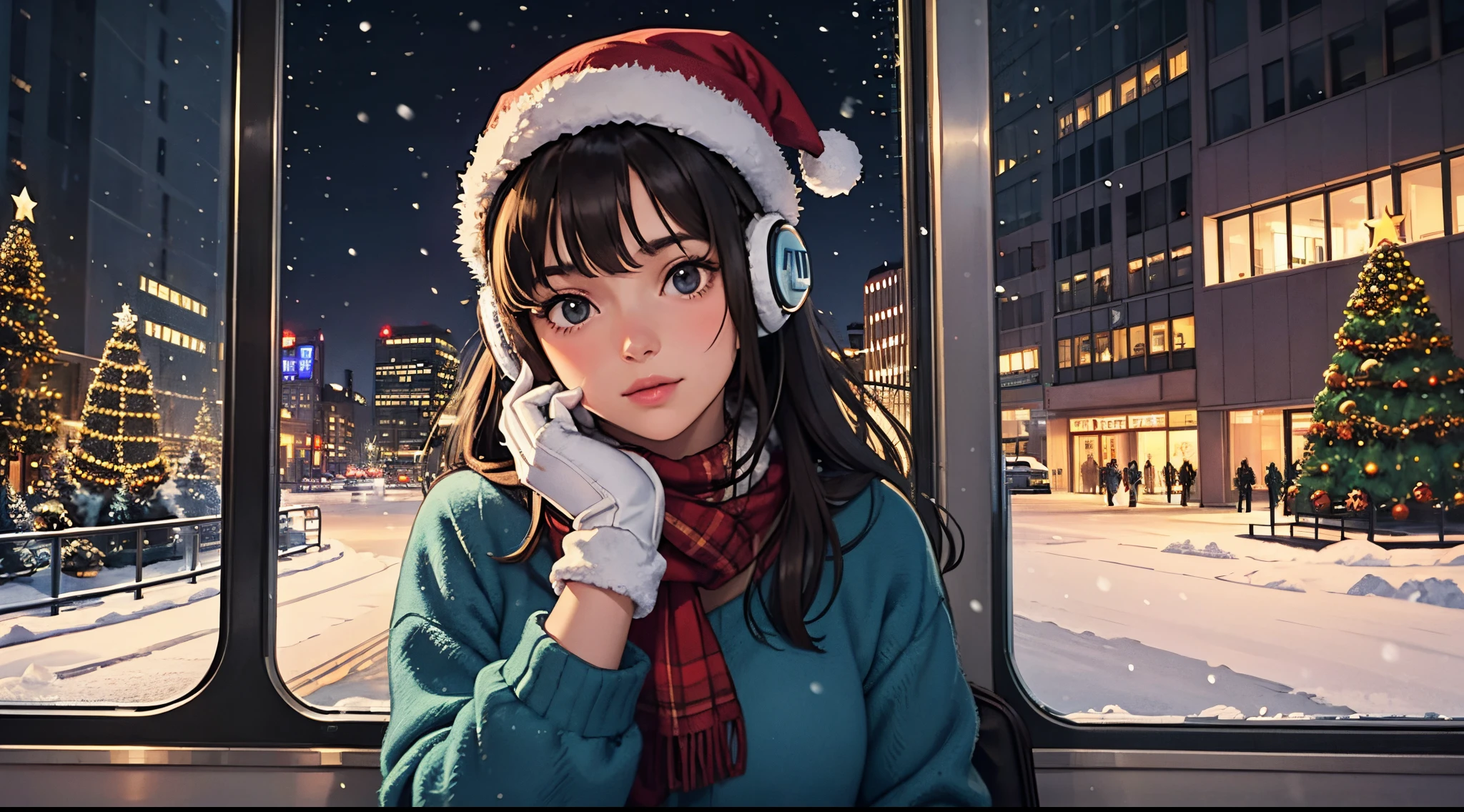 lofi relaxed one brunette girl with headphones drives inside bus, looks through window, head glued to window. winter night, it's snowing a lot. beautiful winter landscape of New York Rockefeller Center with huge (Christmas trees). travel. tourist. christmas sweater, gloves, winter hat. long hair. cold breath.