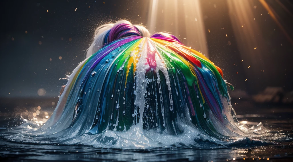 jesus christ (rainbow hair liquid paint:) made of painting and defies gravity, thick flow, (paint splashes:), liquid state, incredibly beautiful, masterpiece, detailed background, high quality model, ethereal background, abstract beauty, explosive volumetric, oil painting, heavy brushstrokes, romantic lighting, sub-surface scattering, 135 mm lens, f1.8, brightness, 8k, high resolution, dreamy, ray tracing, hdr, divine rays, very high quality 4k.