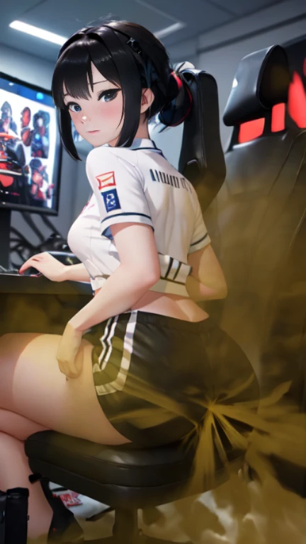 ((velocity)),Attacked by farts, (((Women farting))),(girl farting while seat on seat and playing game on smartphone)),frowned,sharp eyes,blushing,velocity,(a female pro player), (wearing a e-sport jersey and shorts),(tighhighs),(sit facing the screen),(her buttt facing the screen) (short hair black hair),(Asian woman),(gaming tournament),(masterpiece:1.2、top-quality)、(the Extremely Detailed CG Unity 8K Wallpapers、ultra-detailliert、Best Shadows)、(细致背景)、(The best lighting、extremely delicate and beautiful)、depth of fields、1girl in、report、upward looking gaze、