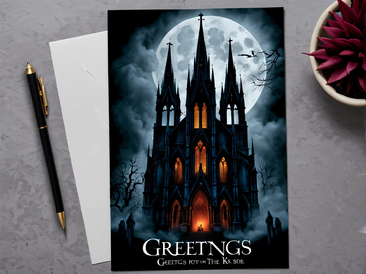 (vintage:1.3), (solo:1.3), design a standing (captivating gothic postcard) featuring an abandoned cathedral engulfed in darkness, the cathedral has a striking facade with intricate architecture, surrounded by a misty graveyard, the moon partially obscured by ominous clouds, casting an eerie glow over the scene, ((the postcard has handwritten text that reads "Greetings from the Dark Side")), ((adorned with cosmic energy)), More Detail