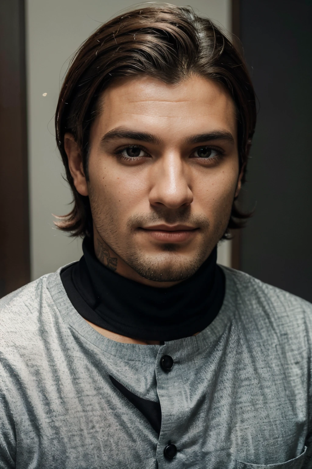 homem moreno com olhos azuis camisa branca e cabelo curto, terno preto, happy facial expression, altamente detalhado e bonito, Rosto altamente detalhado, bonito com corpo perfeito, Altamente detalhado e focado no rosto,