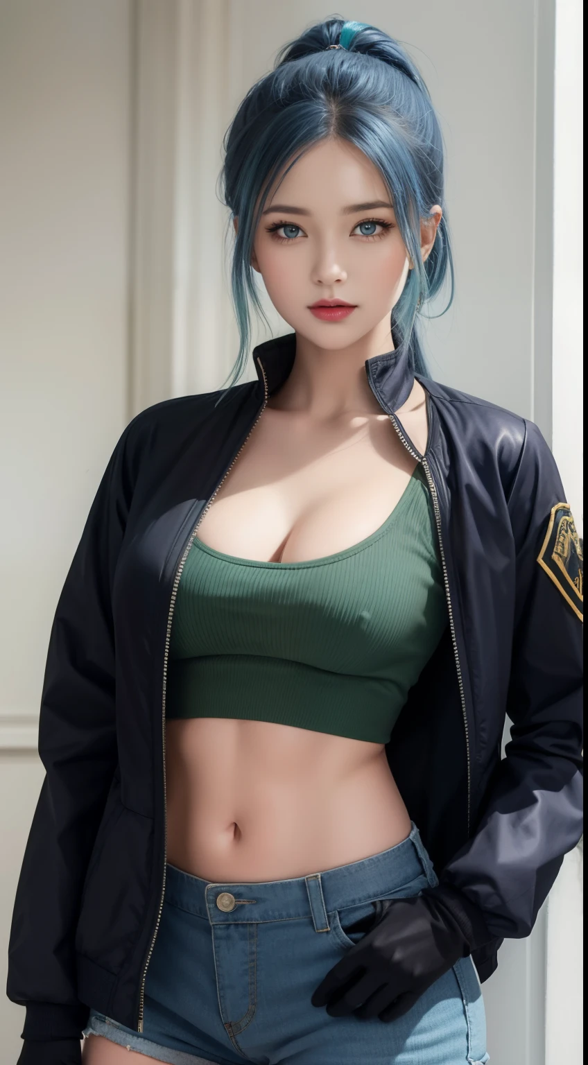 (Aesthetic, Hi-Res: 1.2), tmasterpiece, Best quality at best, A high resolution, 1girll, Leona Hydorn, Blue hair, eBlue eyes, pony tails, green shorts, cleavage,hason, Crop top, Black gloves, nedium breasts, army suit, Green jacket, 耳Nipple Ring, jewelry, nabel, musculature, cow boy shot.