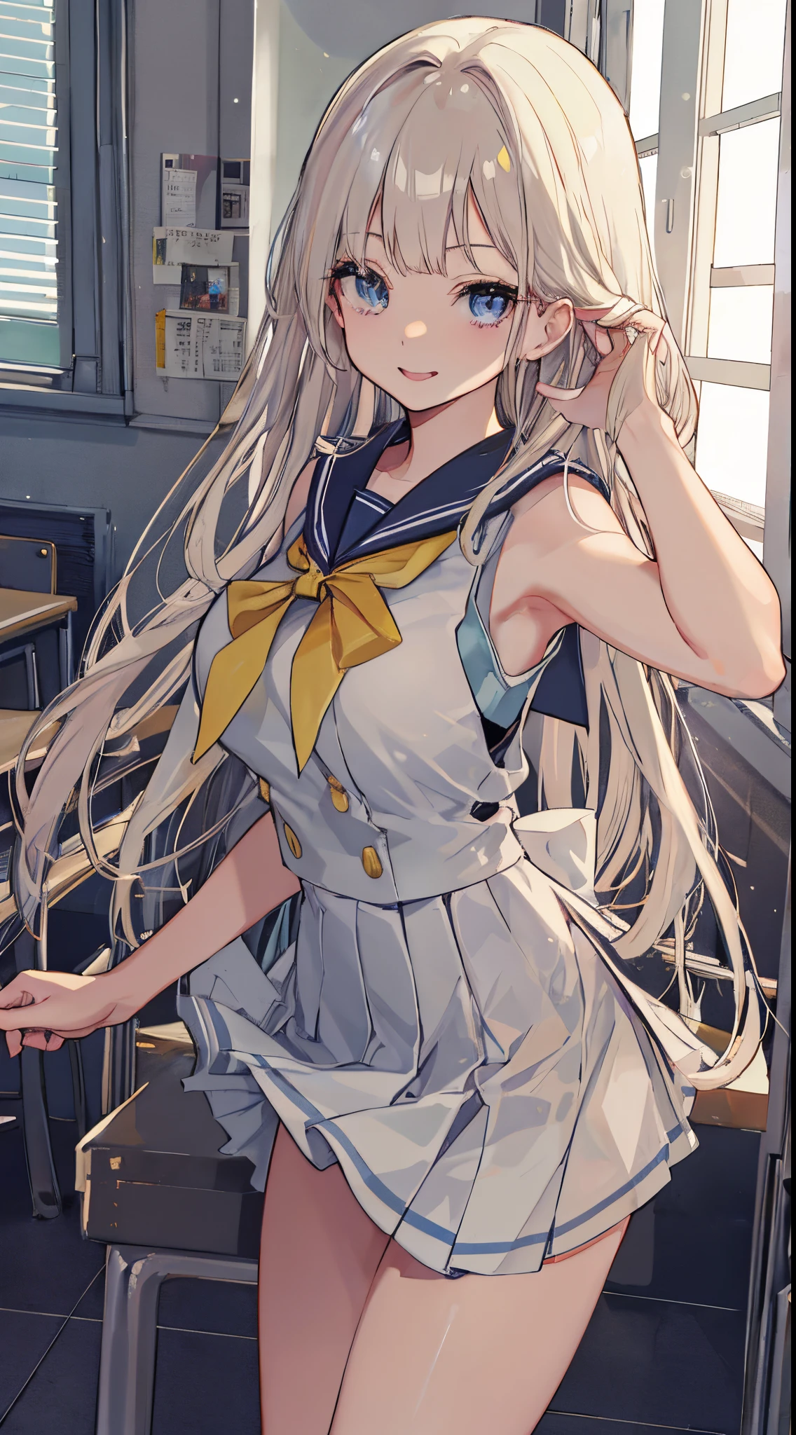 top-quality、realistic touch,high-detail、photoRealstic、Long body、captive beauty、big eye、Colossal tits、Strong platinum blonde eyelashes、platinum-blond、full body Esbian、Sparkling eyes、Submissive smile、Flushed cheeks、Kamimei、thin-waist、Voluptuous thighs、Enraptured look、Raked bangs、The forehead is protruding、Tight sailor uniform、sleeveless、Tight and short skirt with a large slit、Inside a school classroom、She isn't not wearing panties、High-waisted skirt