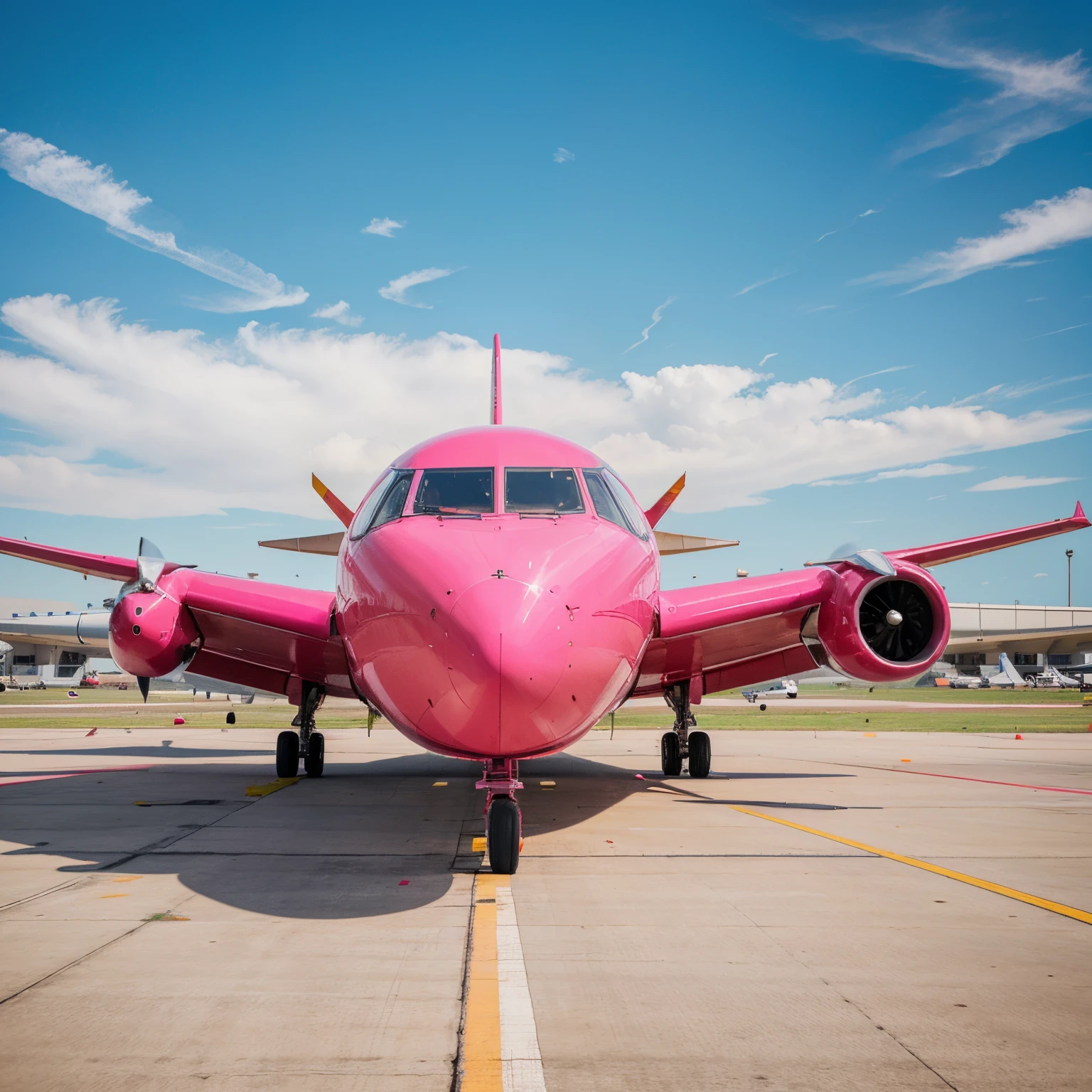 Gag City Airlines plane, the plane is large and bright pink. The plane sits in the runway as the city of Dallas Texas is in the background preparing to take flight