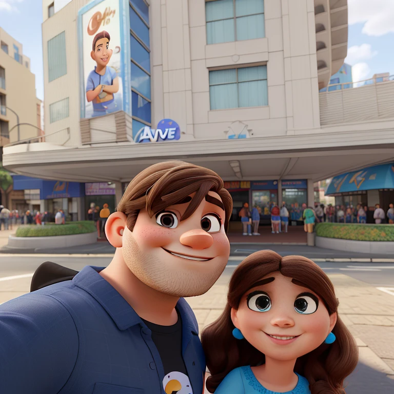 Estilo Disney Pixar, casal na Avenida Corrientes em Buenos Aires em frente ao teatro metropolitan. Ele tem olhos castanhos e cabelos e barba grisalhos escuro. Ella tem olhos azuis e cabelos pretos longos. Ultra realista, rico em detalhes, best resolution