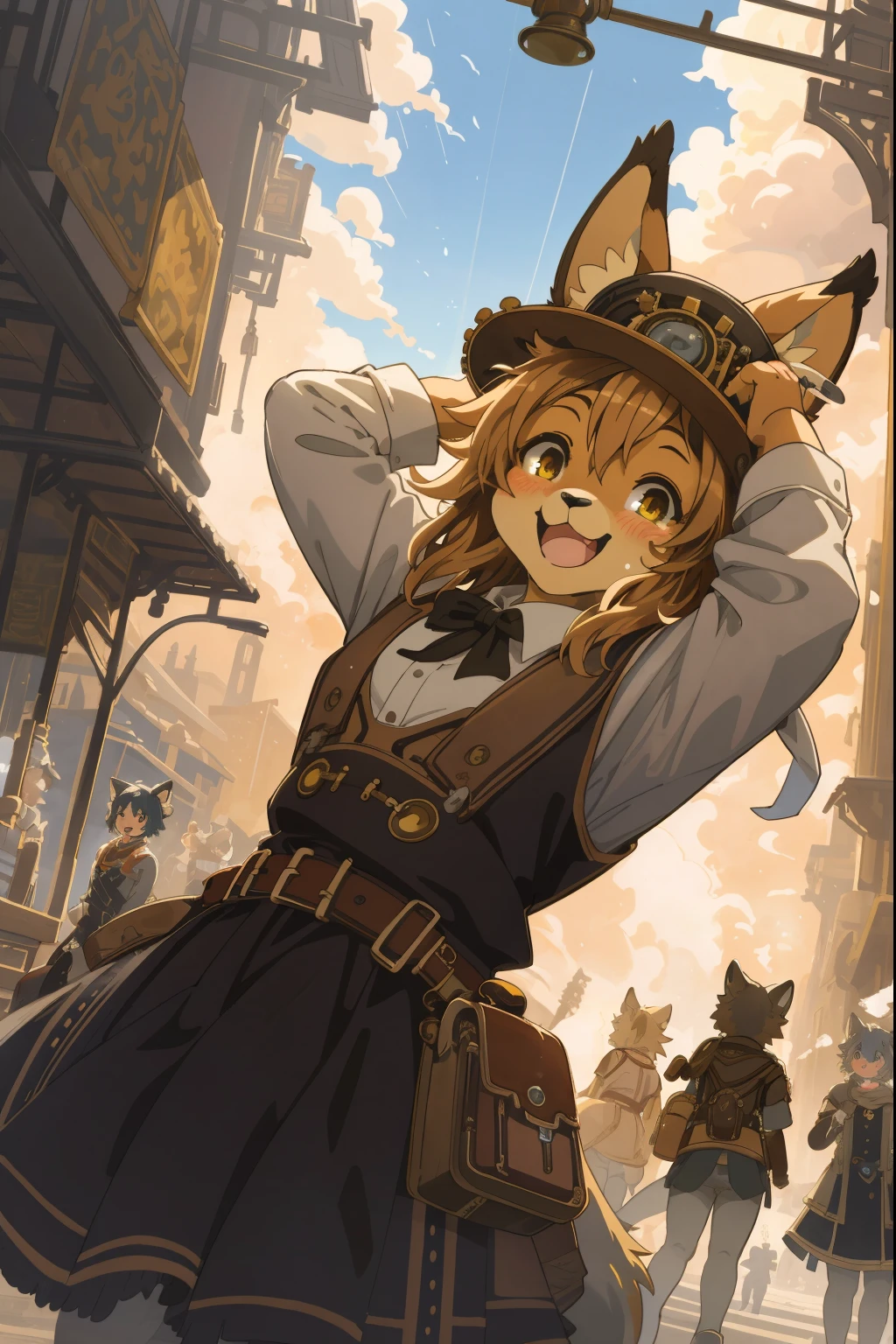 cover_page, highres, top quality, best quality, paid reward available, High-quality illustrations, unparalleled masterpiece, perfect artwork, absurdres, super high resolution, detailed background, Steam punk, Beautiful World Heritage, 6+boys, 6+girls, Happy, joyful(Photos of solo travelers)(kemono, furry anthro)cinematic lighting, dynamic angle,