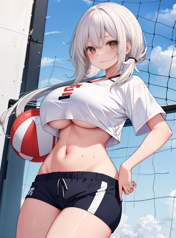 1 girl,White color blouse，Cabelos preto and longolack shorts，Covered in sweat，Play volleyball，Bigchest，humongous large breast，I can see my area，navel