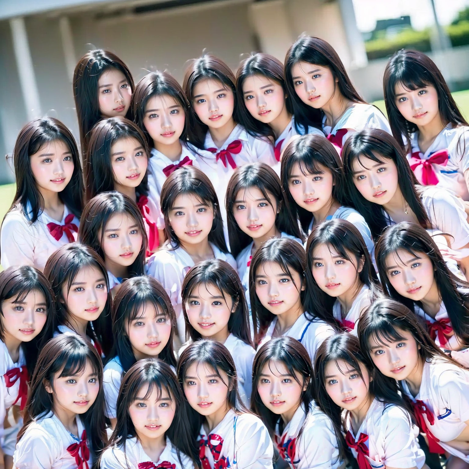 Raw photo、(((multiple girls))),((((6+girls)))),((((100girls)))),(((1000girls)))、((((100 Girls))))、Women only、The same face、matching school uniform、、Long black hair、100 cute girls、a smile、Scene from school、School route、(((Large group)))、a junior high school student