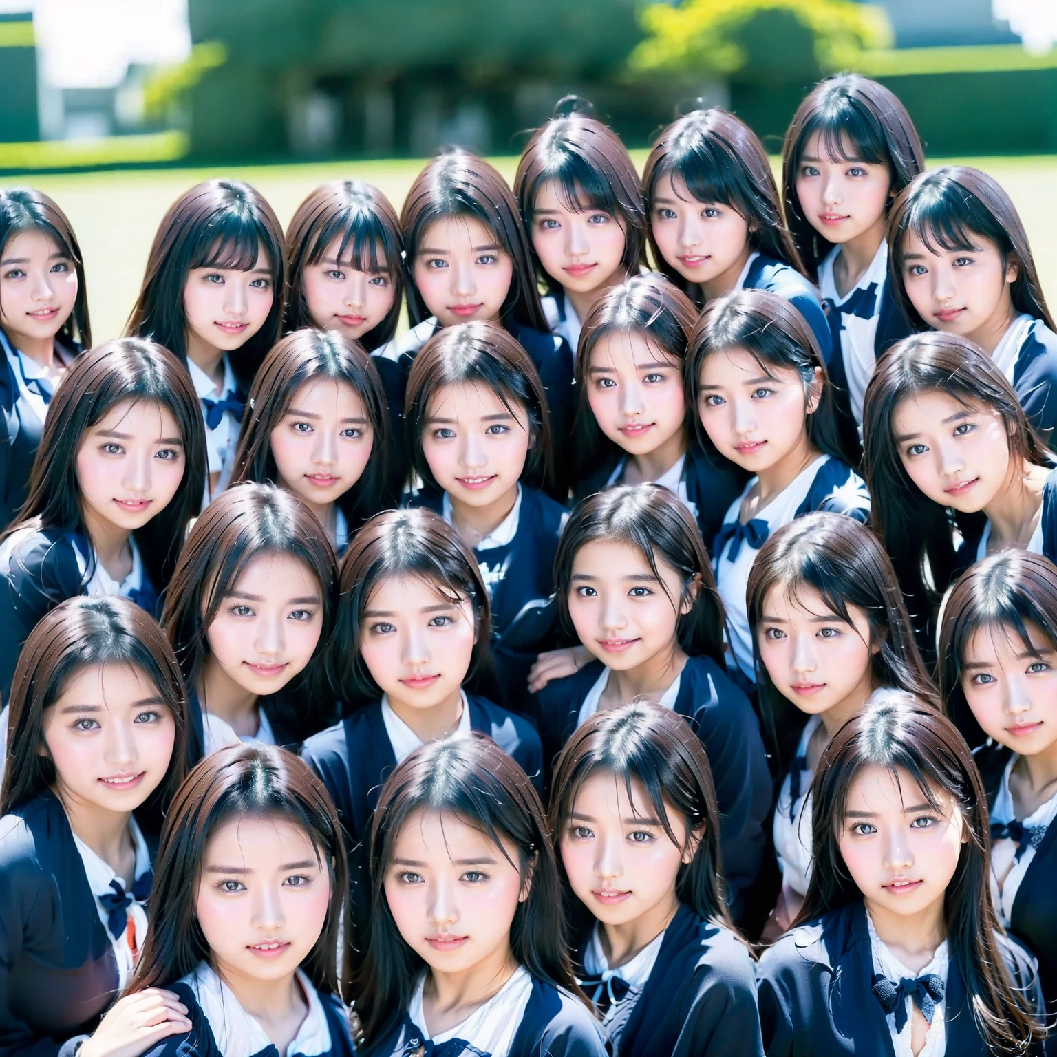 Raw photo、(((multiple girls))),((((6+girls)))),((((100girls)))),(((1000girls)))、((((100 Girls))))、Women only、The same face、matching school uniform、12 years old、Long black hair、100 cute girls、a smile、Scene from school、School route、(((Large group)))、a junior high school student
