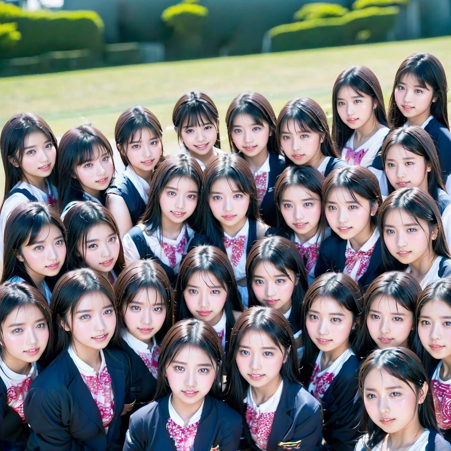 Raw photo、(((multiple girls))),((((6+girls)))),((((100girls)))),(((1000girls)))、((((100 Girls))))、Women only、The same face、matching school uniform、12 years old、Long black hair、100 cute girls、a smile、Scene from school、School route、(((Large group)))、a junior high school student