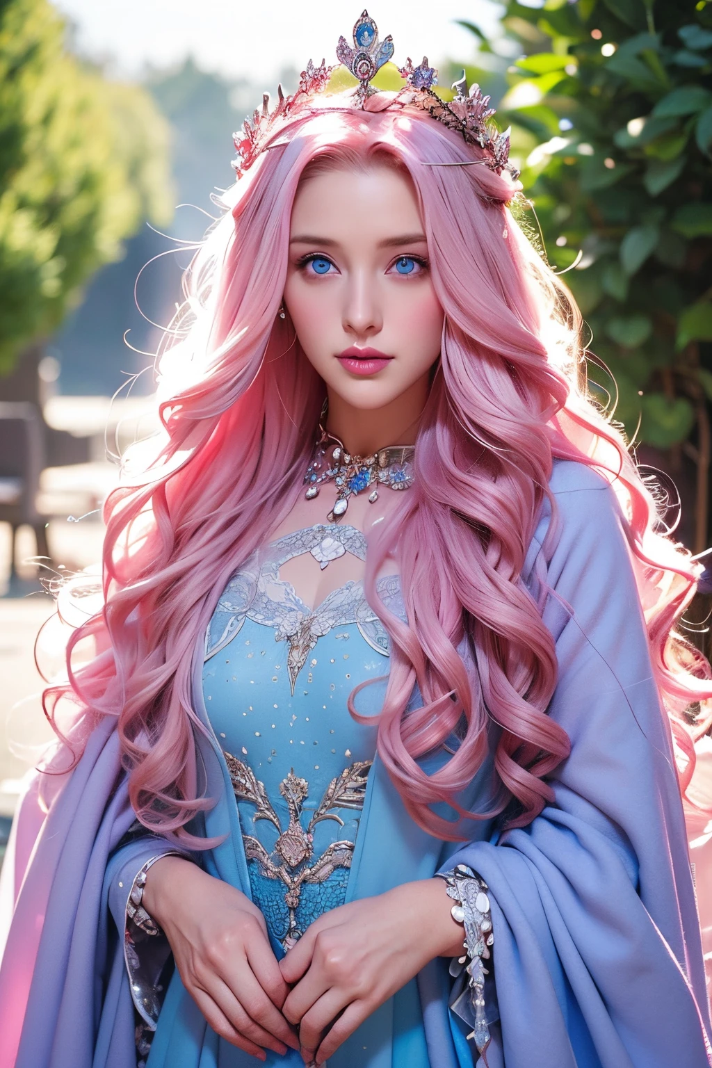 “Woman, long curly hair, pink hair, blue eyes, medieval, elf, highlighted eyes, dress, Queen, crown, highlighted eyes, fur coat, dress