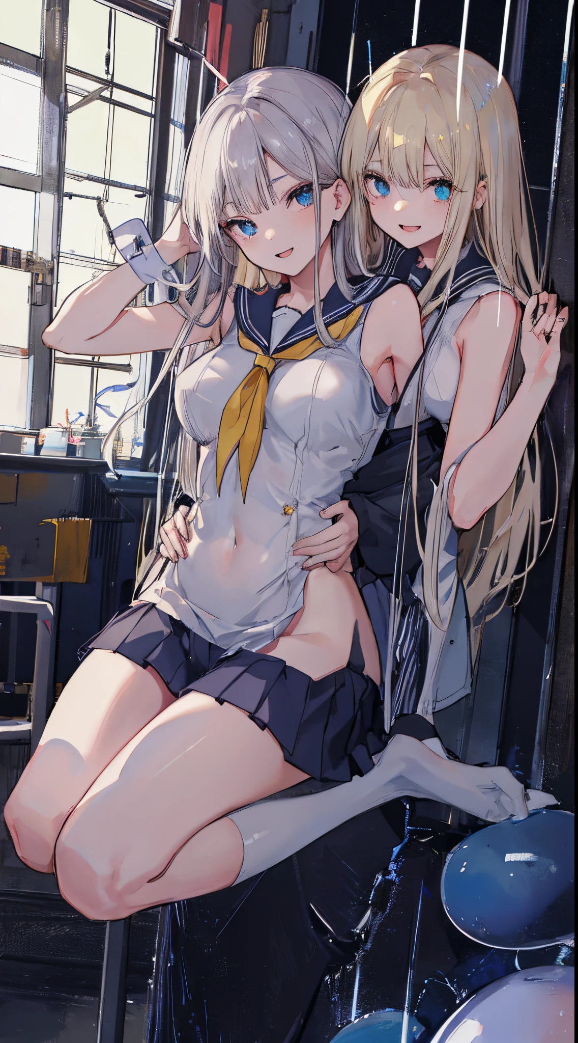 top-quality、realistic touch,high-detail、photoRealstic、Long body、captive beauty、big eye、Colossal tits、Strong platinum blonde eyelashes、platinum-blond、full body Esbian、Sparkling eyes、Submissive smile、Flushed cheeks、Kamimei、thin-waist、Voluptuous thighs、Enraptured look、Raked bangs、The forehead is protruding、Tight sailor uniform、sleeveless、Tight and short skirt with a large slit、Inside a school classroom、She isn't not wearing panties、High-waisted skirt