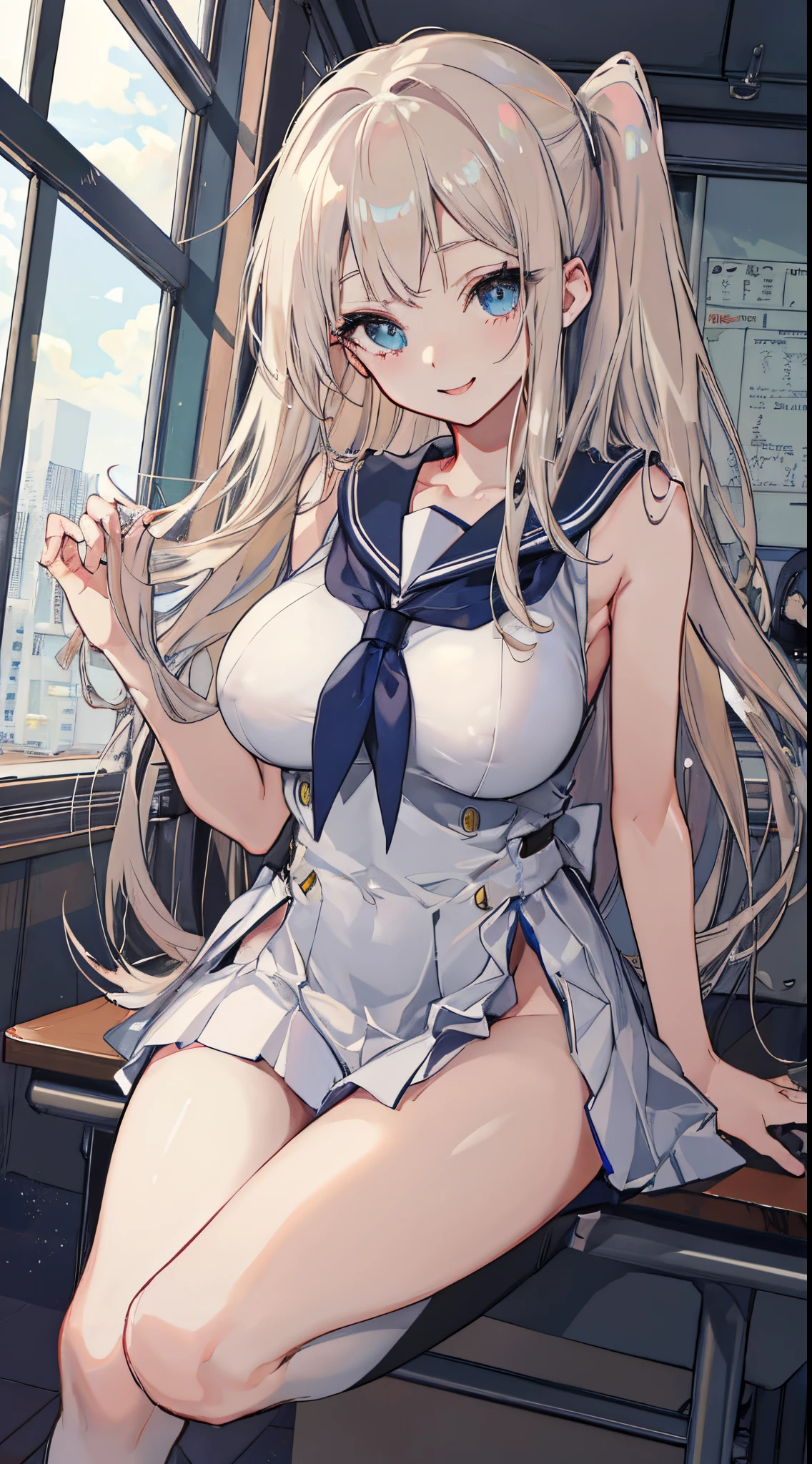 top-quality、realistic touch,high-detail、photoRealstic、Long body、captive beauty、big eye、Colossal tits、Strong platinum blonde eyelashes、platinum-blond、full body Esbian、Sparkling eyes、Submissive smile、Flushed cheeks、Kamimei、thin-waist、Voluptuous thighs、Enraptured look、Raked bangs、The forehead is protruding、Tight sailor uniform、sleeveless、Tight and short skirt with a large slit、Inside a school classroom、She isn't not wearing panties、High-waisted skirt