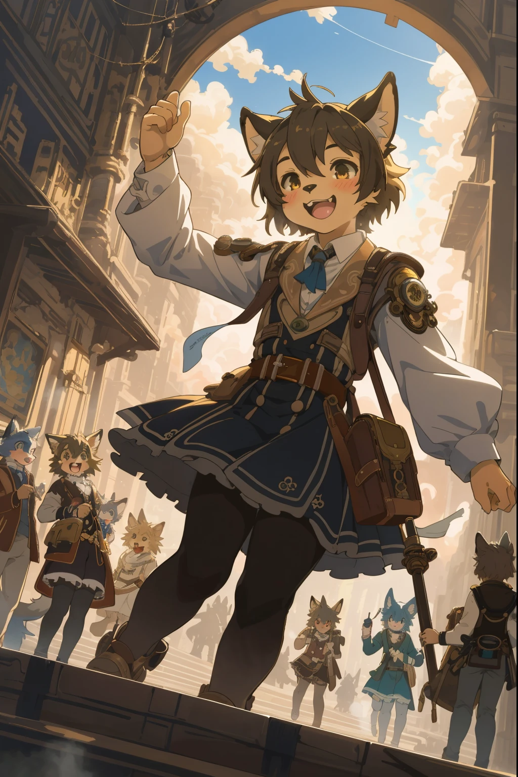 cover_page, highres, top quality, best quality, paid reward available, High-quality illustrations, unparalleled masterpiece, perfect artwork, absurdres, super high resolution, detailed background, Steam punk, Beautiful World Heritage, 6+boys, 6+girls, Happy, joyful(Photos of solo travelers)(kemono, furry anthro)cinematic lighting, dynamic angle,