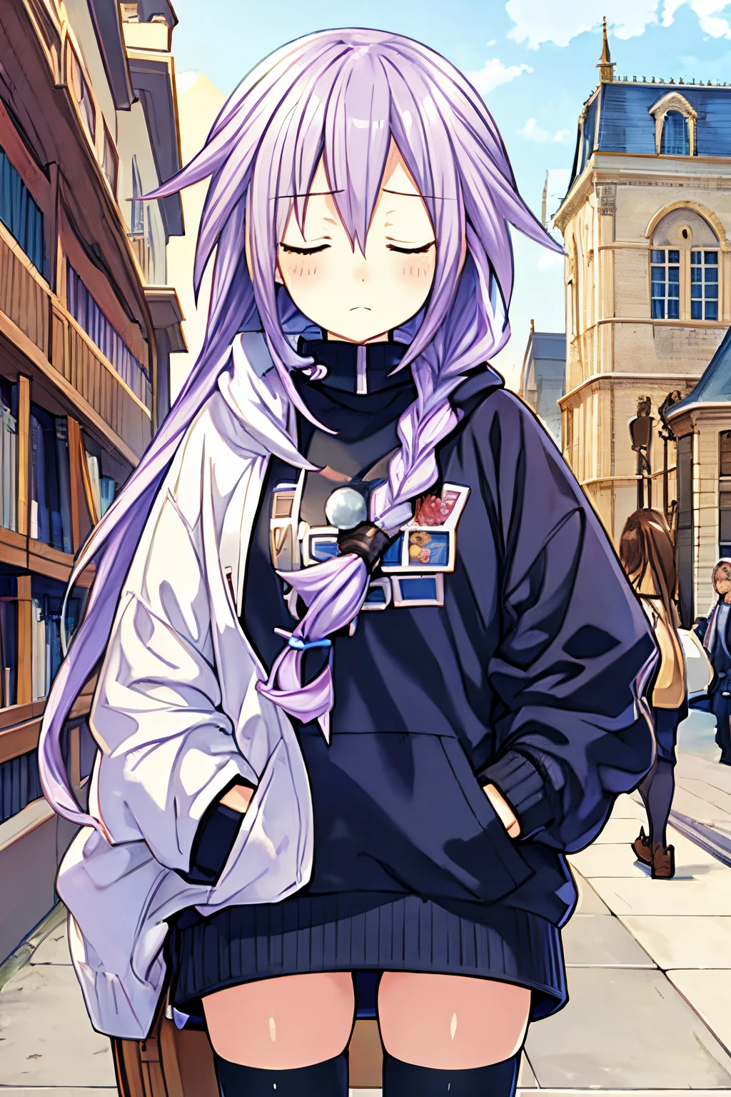 masterpiece, best quality, 1girl, finely detailed, light purple hair, big hair with a single braid, closed eyes, sleepy face, clothes: baggy sweater with a skirt and stockings, a library in the background