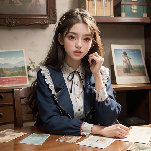 beautiful female-collector of postcards, sitting at the table, piles vintage postcard on the table, front view, big postcards collection in the boxes, face european caucasian cute,