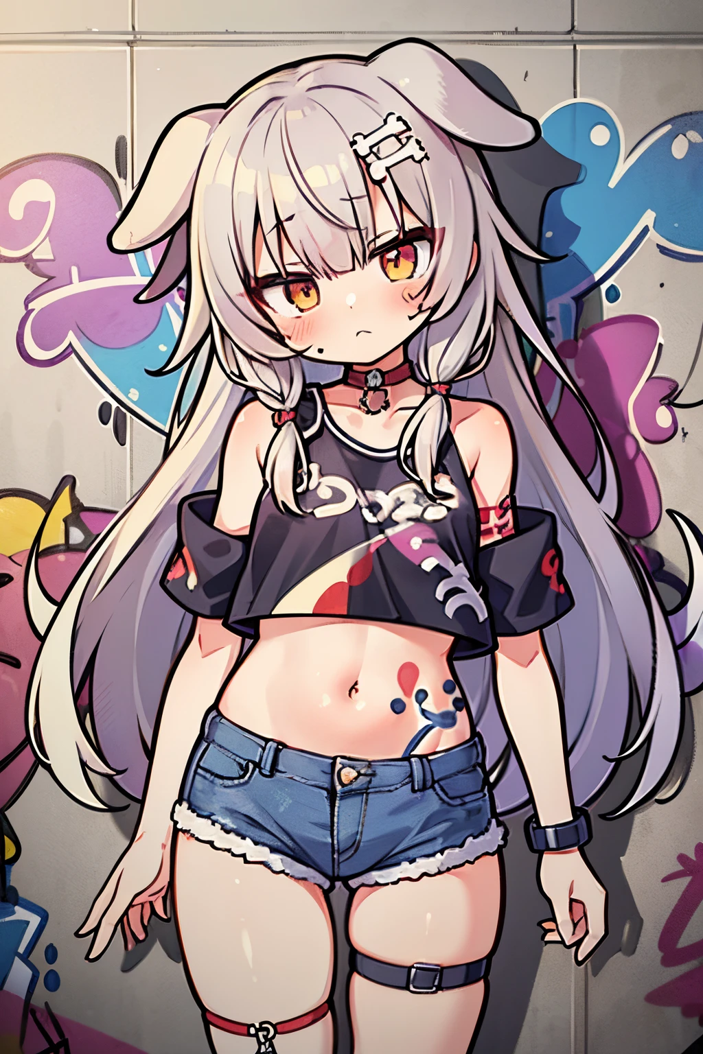 ((Inugami korone)), masterpiece, best quality, 1girl, solo, crop top, denim shorts, choker, (graffiti:1.5), paint splatter, against wall, looking at viewer, armband, thigh strap, paint on body, head tilt, bored, multicolored hair, cute eyes,