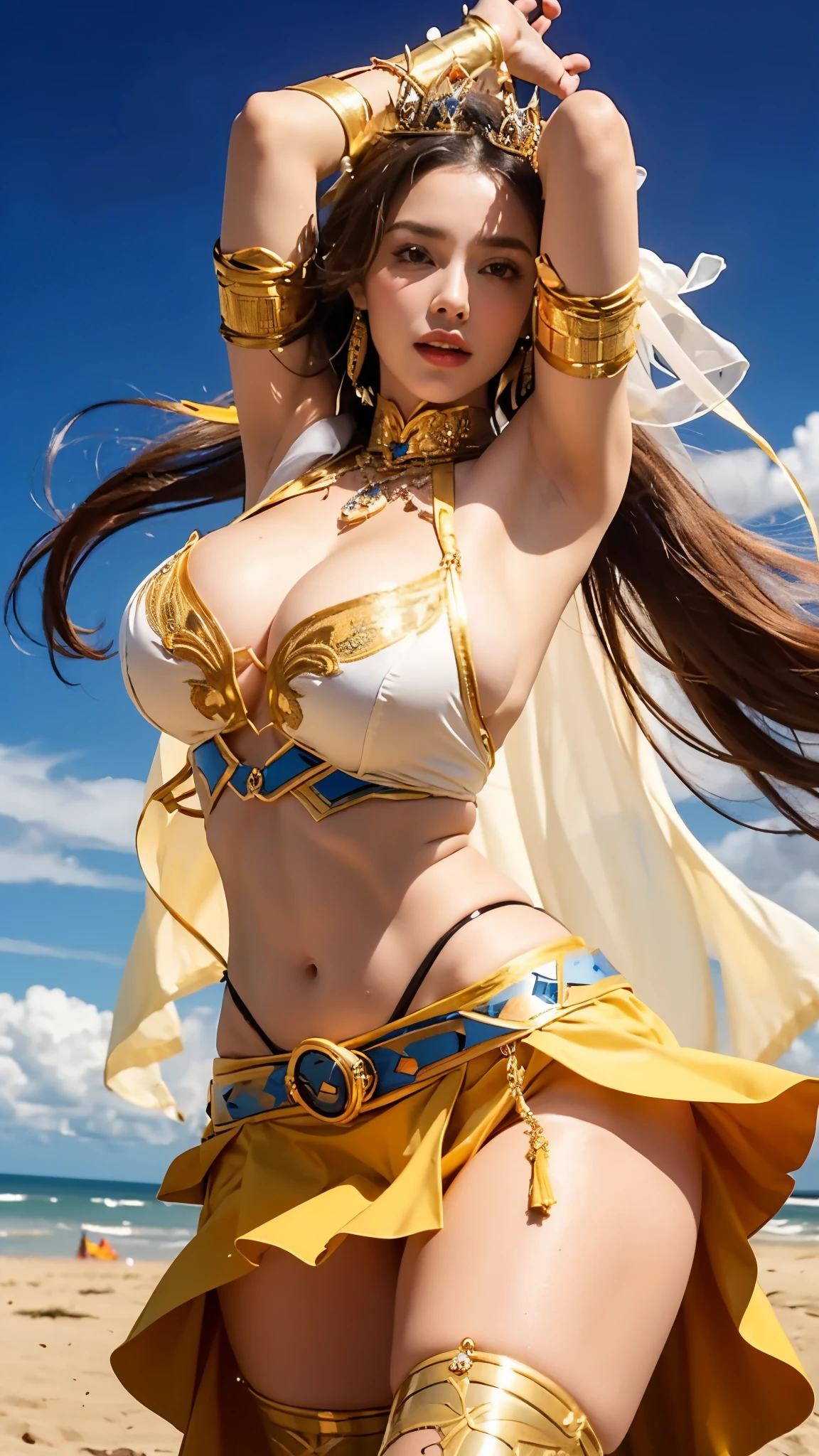 (Beautiful Western woman:1.2) (sexy body), big boobs, sexy body, deep (High quality) HD, boobs, round boobs, deep cleavage, open cleavage, hanging boobs, (tan skin:1.2) (slim abs) Amazonian Queen, Imagine a stunning warrior queen wearing a golden breastplate with a deep V-neckline that accentuates her figure. The breastplate is exquisitely crafted and adorned with intricate designs. Paired with the breastplate is a flowing chiffon skirt that enhances the regal look. Completing the ensemble are strappy sandals, adding both elegance and functionality to the outfit. To further enhance the overall appearance, she wears a statement belt and striking cuffs. The Amazonian Queen completes her majestic attire with an intricately designed crown, befitting her royal status.