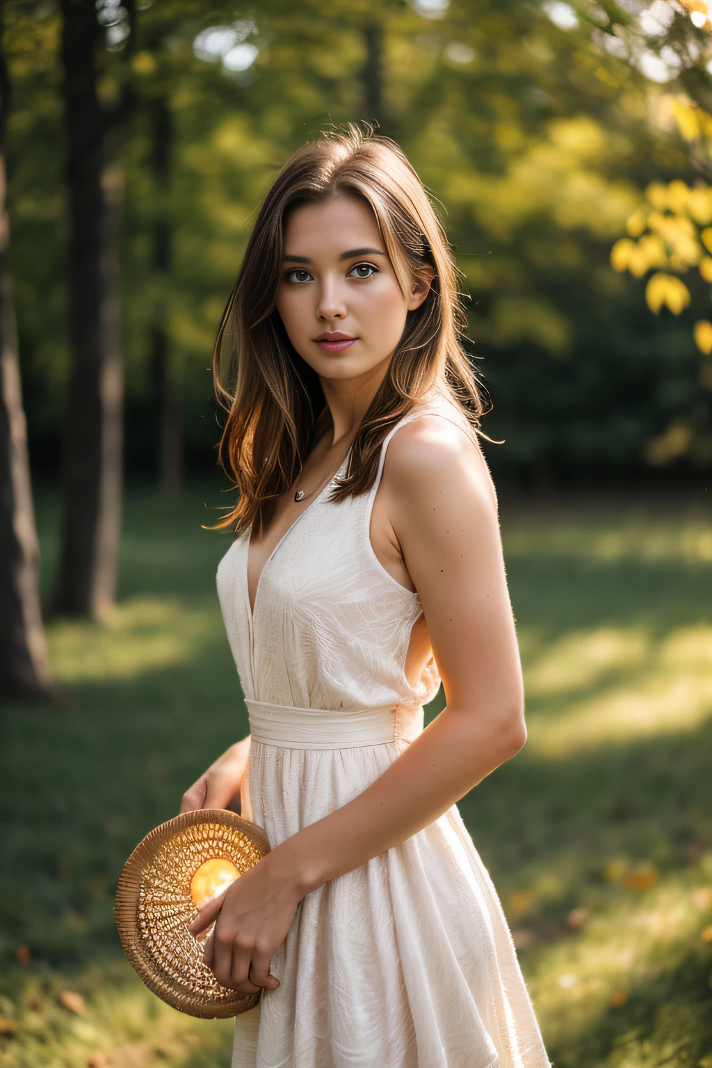 a beautiful Swedish woman, ( brown hair), outside, (skin texture:1.1), best quality, ultra high res, Raw photo, Nikon D850, backlight, rimlight, bright sunlight, film grain:1.2, (warm hue, warm tone:1.2), (color photo) wearing party dress