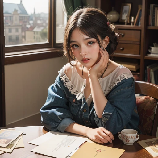 beautiful female-collector of postcards, sitting at the table, piles of vintage postcard on the table, front view, big postcards collection in the boxes, face european caucasian cute,