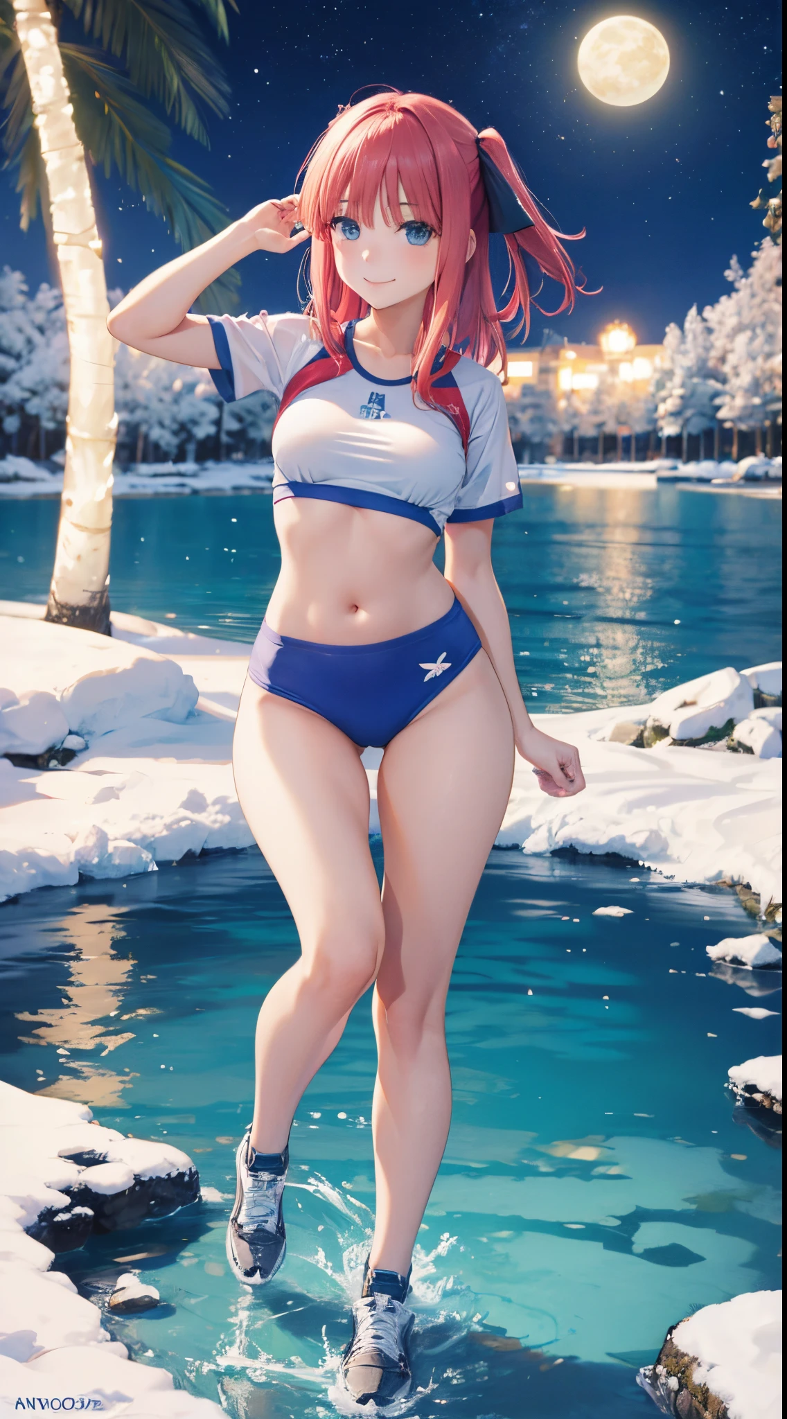 Nino Nakano riendo,Pose sexy,ropa deportiva ,lago de hielo luz de luna