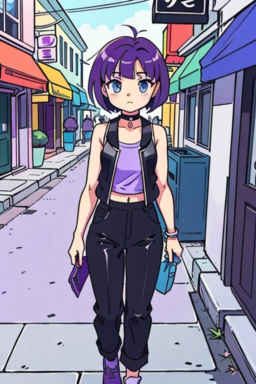 2000s anime cels style, Cartoon style of the 2000s, retro anime, 2000s anime, 2000s anime, early 2000's inspired anime, (best-quality:0.8), (best-quality:0.8), perfect anime illustration, pretty woman walking through the city, short purple hair, violet vest, midriff, bare shoulders, black latex pants, choker