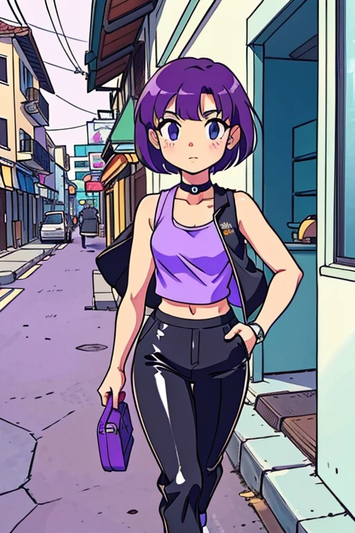 2000s anime cels style, Cartoon style of the 2000s, retro anime, 2000s anime, 2000s anime, early 2000's inspired anime, (best-quality:0.8), (best-quality:0.8), perfect anime illustration, pretty woman walking through the city, short purple hair, violet vest, midriff, bare shoulders, black latex pants, choker