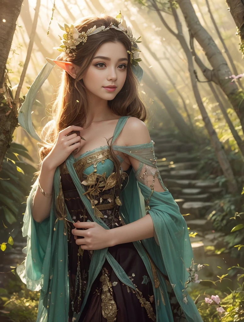La mejor calidad, Ultra detallado, realista, elven fairy, joven, vestido transparente hermosa sonrisa, cabello sedoso y ondulado, rubio, Ojos y cara detallados, long eyeslashes, Ambiente encantador, magic forest, ethereal light, alas delicadas, postura elegante, nature inspired backdrop, colores vibrantes, Dream scene, diferentes posturas