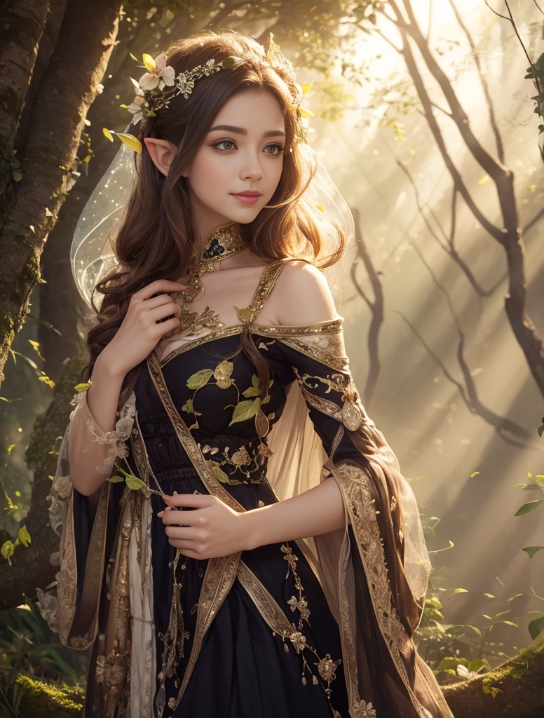 La mejor calidad, Ultra detallado, realista, elven fairy, joven, vestido transparente hermosa sonrisa, cabello sedoso y ondulado, rubio, Ojos y cara detallados, long eyeslashes, Ambiente encantador, magic forest, ethereal light, alas delicadas, postura elegante, nature inspired backdrop, colores vibrantes, Dream scene, diferentes posturas