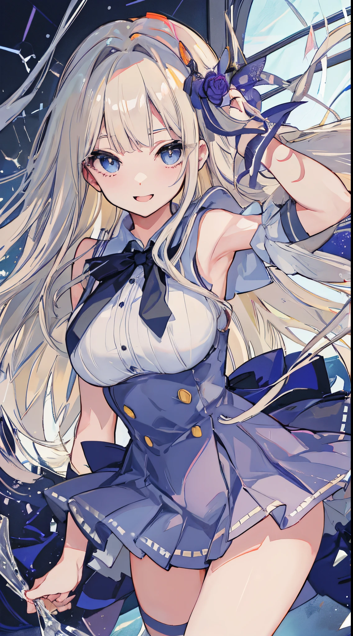 top-quality、realistic touch,high-detail、photoRealstic、Long body、captive beauty、big eye、Colossal tits、Strong platinum blonde eyelashes、platinum-blond、full body Esbian、Sparkling eyes、Submissive smile、Flushed cheeks、Kamimei、thin-waist、Voluptuous thighs、Enraptured look、Raked bangs、The forehead is protruding、Tight sailor uniform、sleeveless、Tight and short skirt with a large slit、Inside a school classroom、She isn't not wearing panties、High-waisted skirt