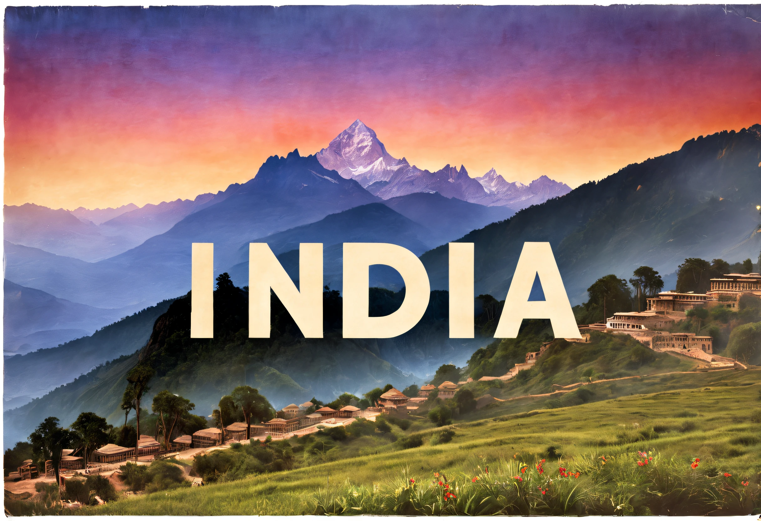 India postcard with text "India", Indian atmosphere, sunset, Himalayan mountains, exotic style