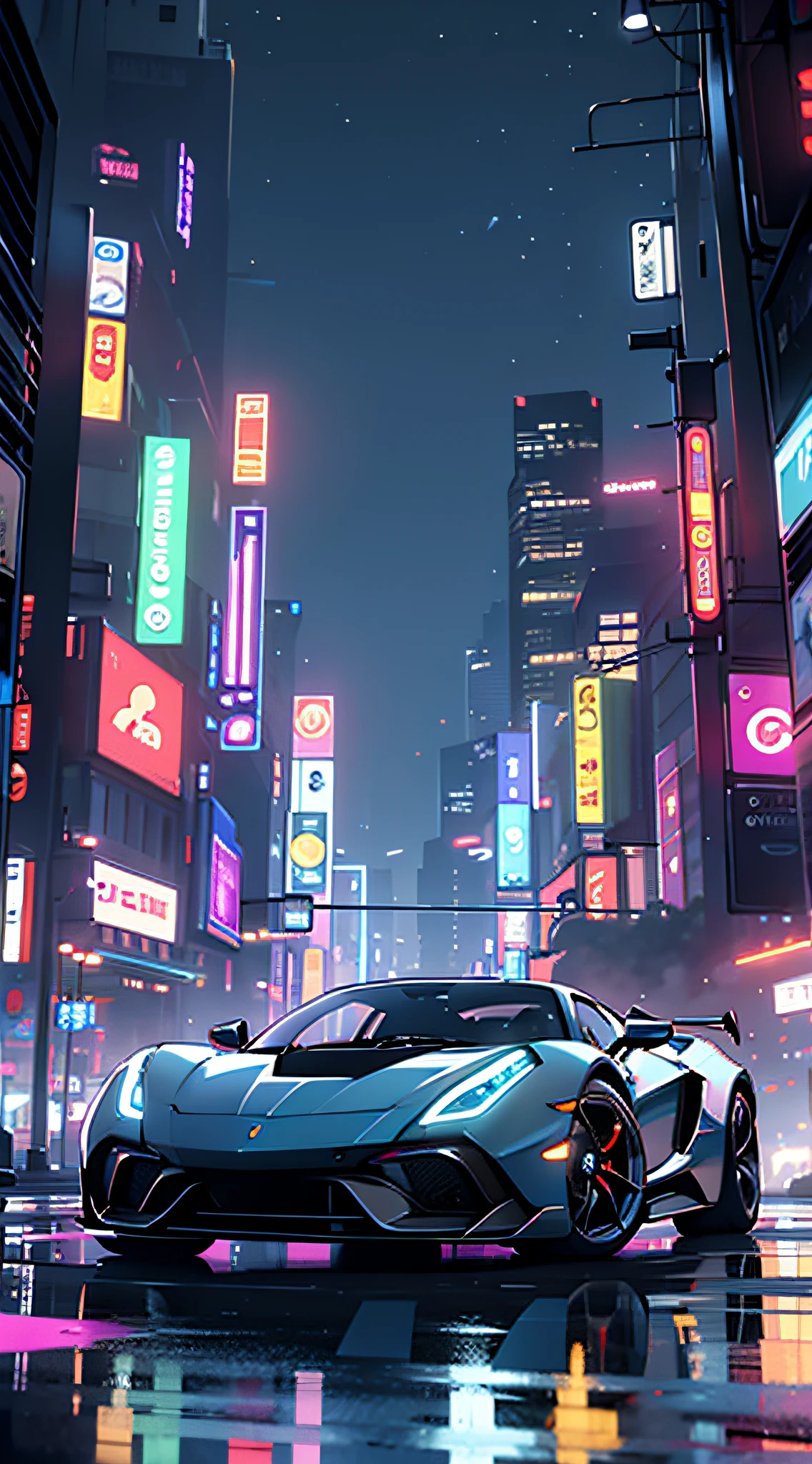 Describing the future of high-tech supercars racing through modern cities,in a panoramic view,heads up,neon,Interstellar