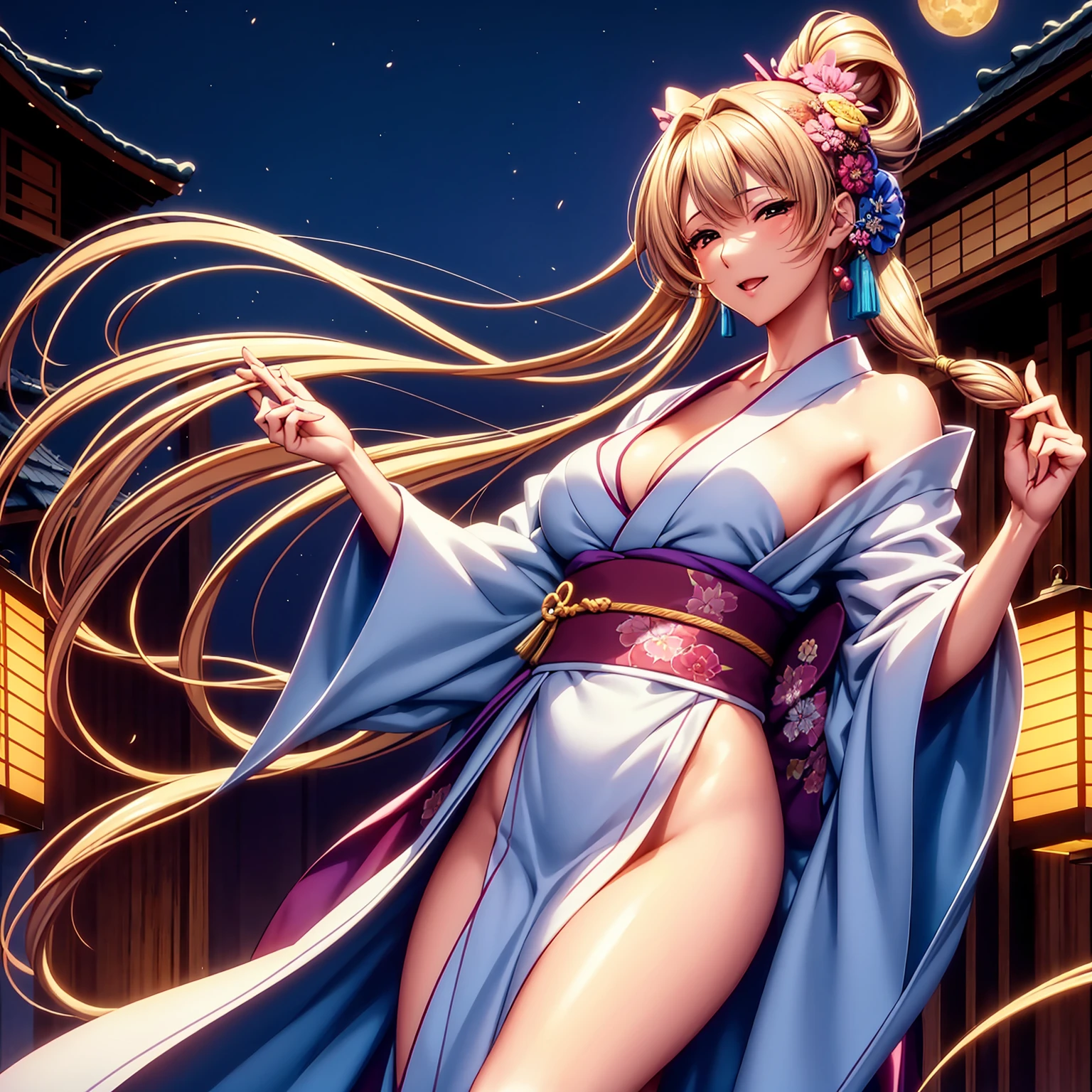 (top-quality、masterpiece、very high res、超A high resolution,High resolution details 1.5)、A woman of perfect and ultimate beauty(24 years old 1.5)、(Beautiful breasts and body shape 1.5)、Beautiful body、美丽的面容、large pink,Long hair,colorful and beautiful hair、Japan hair ornament,realistic textured skin,Wearing a beautiful Japanese long kimono,Kimono has colors and patterns.,Kimono sleeves and obi are long,Arms outstretched,Exposed shoulders from kimono,I can see the cleavage,Bright smile,Mouth opens,Hair flutters under the influence of the wind,The sleeves and obi of a kimono flap due to the wind.,that is a mysterious place,Fantastic night sky and beautiful full moon,Lantern light,Beautiful Landscapes、(The whole body,thigh visible,accurate anatomy、extremely detailed picture、Accurate images、Perfect Image 1.5)、、beautiful anime woman, Beautiful Art Style, an animated character、The whole picture、Detailed picture、Defect-free images、natural soft light、beautiful image、、(Best Shot 1.2)