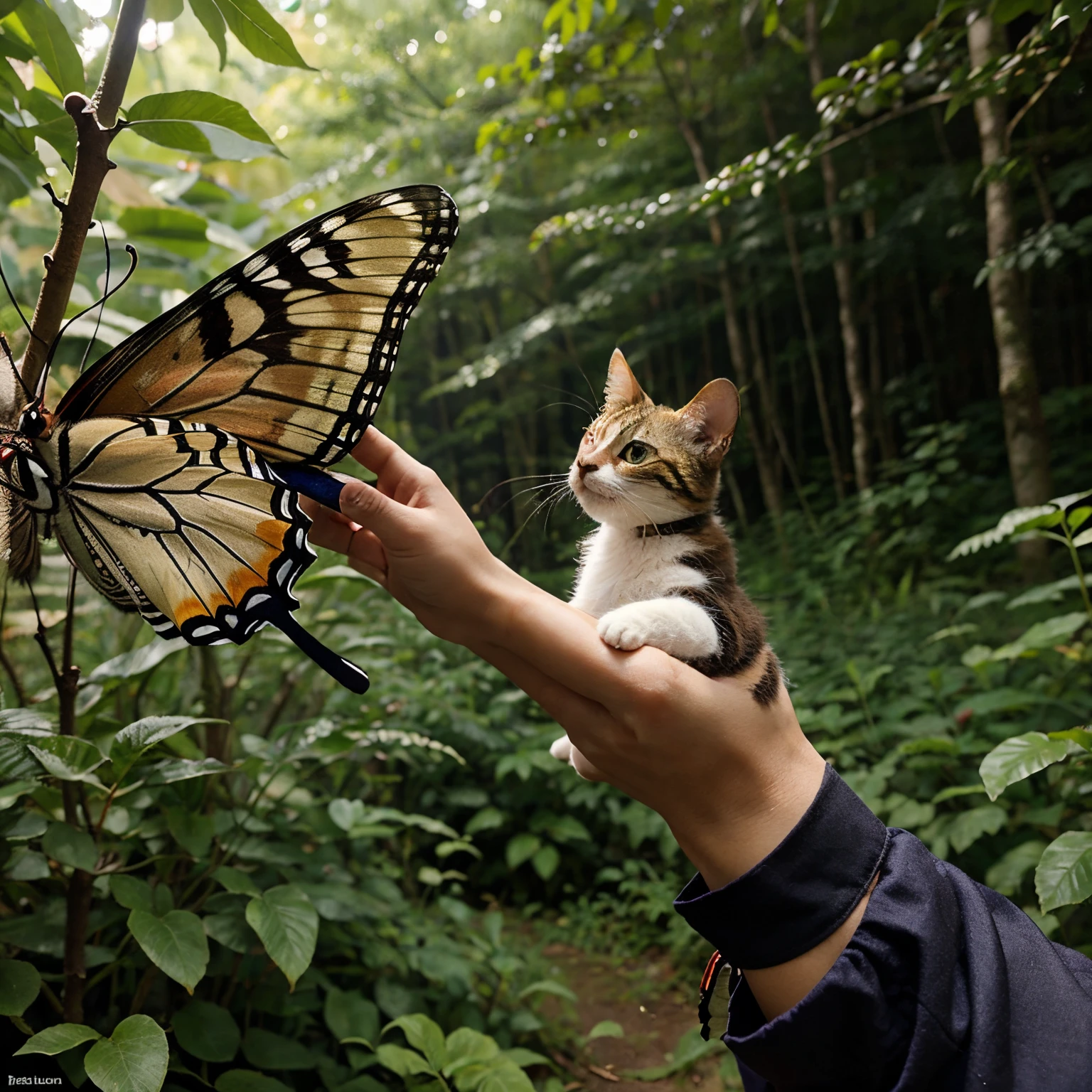 A small female tricolor cat catching a butterfly in a beautiful forest