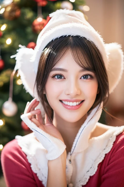 Beautiful woman with good eyes and nose、Beautiful as a model、Cute like a model、Eyes are double、How to use regular mascara、Eye color blue、Hair color pink、Her face is delicate and elegant.、imagem 4k、Beautiful style like a model、Ordinary large、A refreshing and lovely smile、Young woman wearing a Santa costume while decorating a Christmas tree with lights in a bright room on Christmas day.、Pose like a model、Overall portrait、Snapshots、Glamaloid Smile、Beautiful and delicate face like a model、Best Quality、masuter piece、beautiful smiling face、