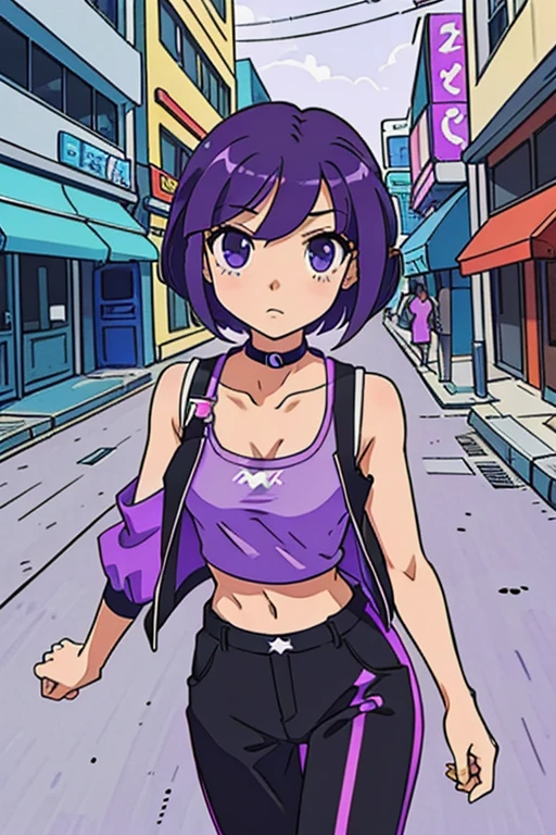 Retro anime, 2000s anime, 2000s anime, early 2000's inspired anime, (best-quality:0.8), (best-quality:0.8), perfect anime illustration, pretty woman walking through the city, short purple hair, violet vest, midriff, bare shoulders, black latex pants, choker