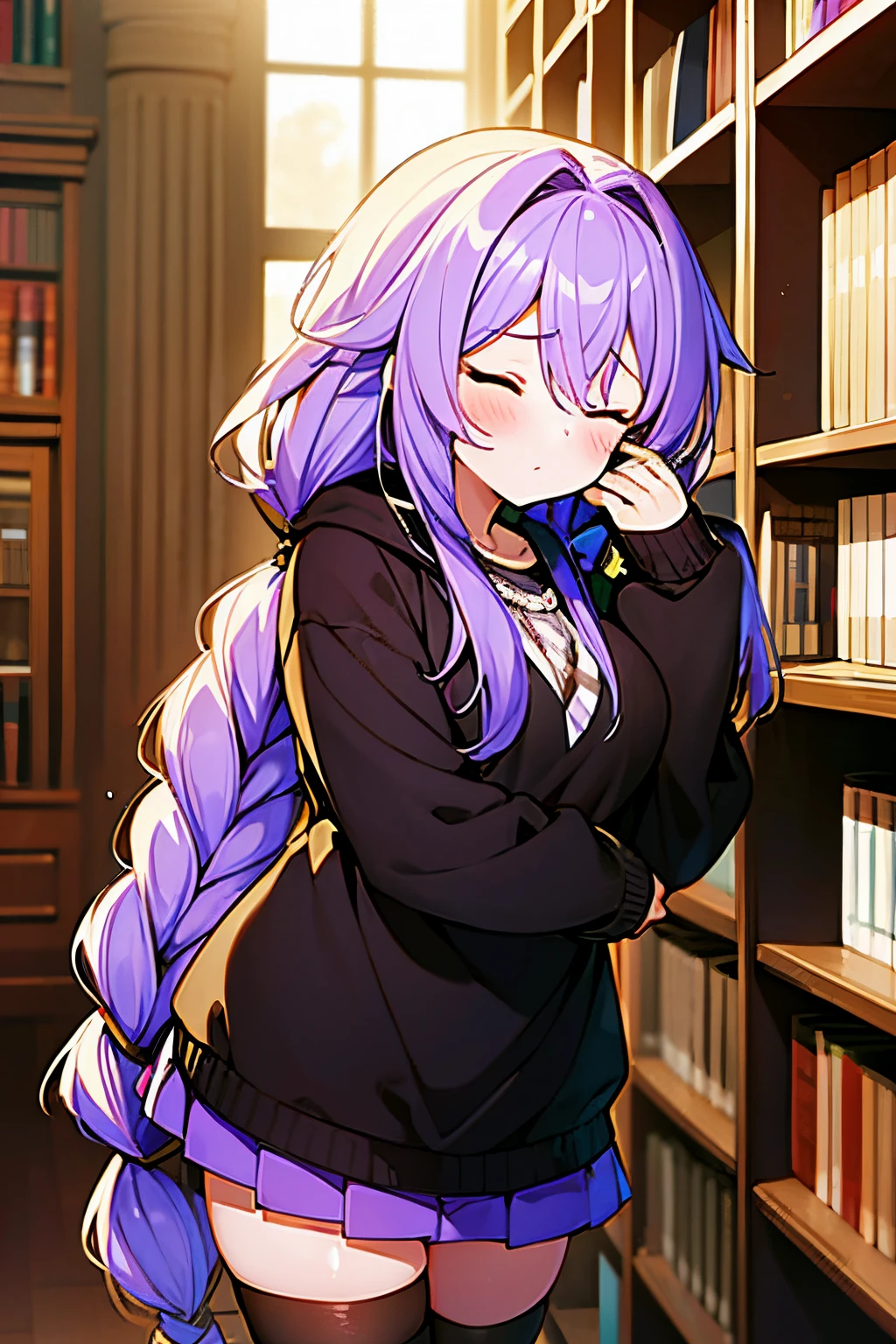 masterpiece, best quality, 1girl, finely detailed, light purple hair, big hair with a single braid, closed eyes, sleepy face, clothes: baggy sweater with a skirt and stockings, in a library